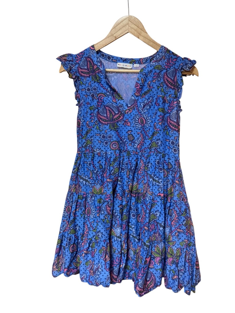 Roller Rabbit Blue Paisley Floral V-Neck Flutter Sleeve Summer Dress XXS